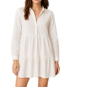 Zara White Button Down Tiered Ling Sleeve Mini Dress 100% Cotton Size XS